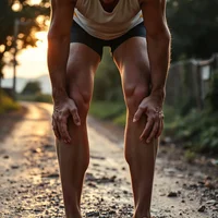 Person in beige tank top and dark shorts bent forward, gripping both lower legs on a gravel road in low sunlight