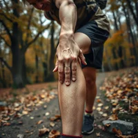 Person in dark athletic shorts pressing a hand to their shin on a leaf-strewn autumn trail among trees.