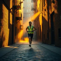 Runner in green hi-vis vest jogging through a narrow brick alley bathed in warm golden sunlight.