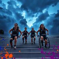 Four athletes, including one in a racing wheelchair, running up outdoor stadium steps under dramatic storm clouds.