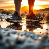 Close-up of trail running shoes on wet rocky ground with golden sunset reflected in puddle