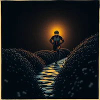 Lone figure standing in a dark narrow path illuminated by a bright glowing light overhead