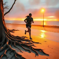 Runner sprinting along a wet beach at sunset, with large tree roots in the foreground and orange sky