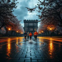 Three runners on a wet reflective path at dusk, with a drone hovering overhead and a stone building behind them