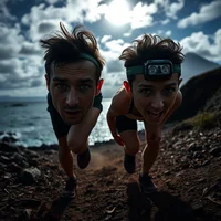 Two runners leaning forward on a rocky coastal trail under a cloudy sky