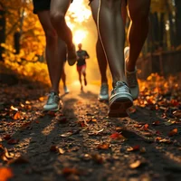 Close-up of runners' legs on a leaf-covered dirt trail path during golden-hour sunset