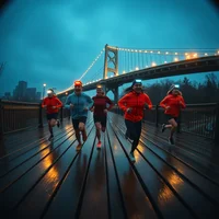 Group of runners in red jackets running on a wet wooden bridge at dusk with a lit suspension bridge behind them