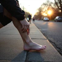 Bare foot and hand gripping the lower leg of a person on a sidewalk edge, low sun and parked cars behind