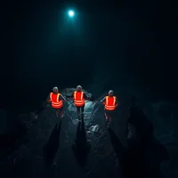 Aerial night view of four older runners in hi-vis vests on wet coastal cliffs, stadium lights reflecting on rain-soaked paths.
