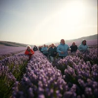 Large pack of older adult runners in winter layers racing triumphantly through lavender fields under a rainbow, shot on grainy film from ground level.