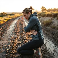 Woman in dark athletic wear kneeling on a dirt road at sunrise, one hand pressed to her hip