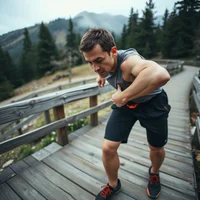Man in dark shorts and grey tank top leaning forward on a wooden boardwalk, hand on hip, forested hills behind