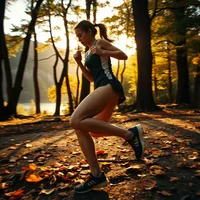 Woman in black athletic top and shorts running on a forest trail covered in autumn leaves, sunlit trees behind her