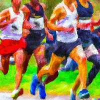 Multiple runners in colorful athletic wear running together on green surface