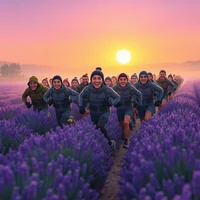 Group of people jogging through a lavender field at sunrise with a pink and orange sky