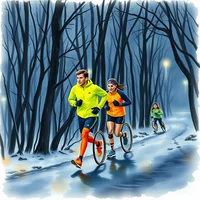 Two runners and a cyclist on a snowy forest path at night among bare trees