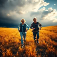 Two elderly people running and smiling through a golden wheat field under a dramatic cloudy sky