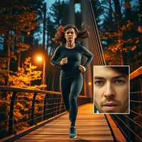 Woman running on a lit wooden bridge at night surrounded by trees, with an inset close-up of a woman's face