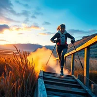 Woman running up wooden boardwalk stairs holding trekking poles, golden sunset sky and misty landscape behind her