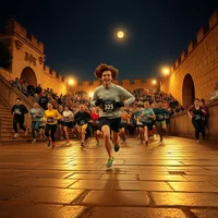 Large group of runners racing at night near a stone building under a full moon