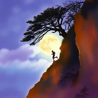 Silhouetted figure climbing a steep rocky cliff at night with a large full moon and twisted tree above