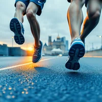 Low-angle view of two runners' legs on blue asphalt road at sunset, wearing dark running shoes