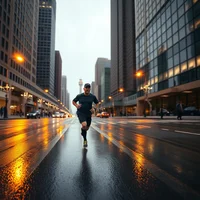 Lone runner on a wet city street at dusk, surrounded by tall buildings and glowing streetlights