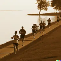 Group of runners on a paved waterside path, photographed in sepia tone