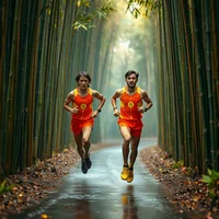 Two elite runners in neon kit sprint through rain-soaked bamboo forest, rendered in abstract expressionist Pollock-style splatter.