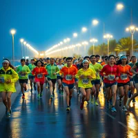 Diverse marathon crowd in retro 80s gear runs a rainy waterfront promenade at blue hour, captured with long-exposure light trails.