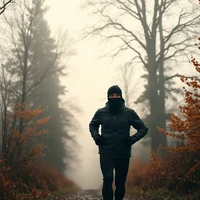 Lone military runner silhouetted against foggy pre-dawn sky on a leaf-covered autumn trail, wearing heavy winter layers.