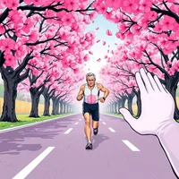 Comic-book style older male runner in racing kit on rain-kissed blossom avenue at midday, bold ink lines and vivid spring colors.