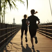 Two runners jogging on a wooden boardwalk toward a lighthouse at sunset, viewed from behind