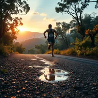 Lone runner on a wet asphalt road at sunset, trees lining the path and hills silhouetted in the background