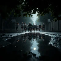 Group of people running along a dark wet road with their reflection visible in a puddle below