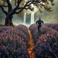 Man standing on a path through a purple lavender field with a large tree and misty waterfall behind him