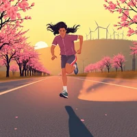 Illustrated woman running alone on a road lined with pink cherry blossom trees at sunset, wind turbines on the hill behind.