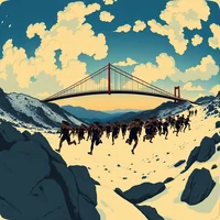 Woodblock-style illustration of a crowd running under a suspension bridge in a snowy mountain landscape