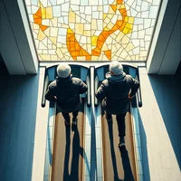 Stained glass mosaic aerial view of two exhausted older adults in winter layers running side-by-side on gym treadmills