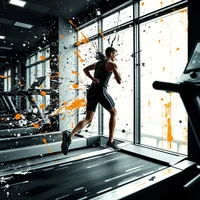 Abstract splatter painting of an exhausted elite runner in monochrome kit on a treadmill amid snow flurries.