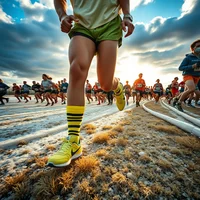 Extreme close-up of massed runners in retro 80s gear sprinting across a frozen meadow under stormy midday skies.