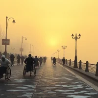 Surrealist painting of para-athletes in monochrome gear racing a fog-shrouded winter promenade at sunrise.