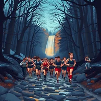 Group of runners racing along a rocky forest trail toward a waterfall at dusk in winter