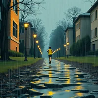 Person in yellow jacket running along wet cobblestone path lined with glowing streetlamps on a rainy day