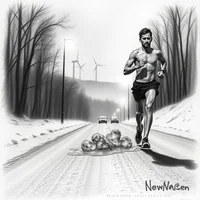 Pencil sketch of shirtless male runner on snowy road with wind turbines in background and 'NewNasen' signature.