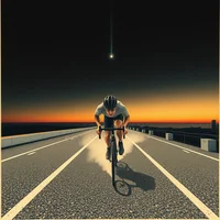 Cyclist riding on an open road at dusk under a dark sky with a glowing light on the horizon