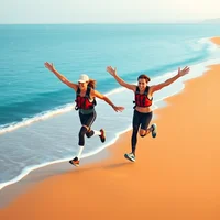 Overhead flat vector illustration of two para-athletes running joyfully on a snowy beach shoreline at blue-hour dusk.