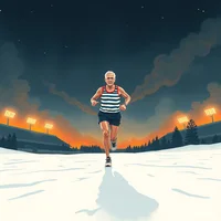 Retro travel-poster silhouette of an older adult runner in 80s gear on a snowy night path under smoky amber stadium lights.