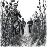 Charcoal sketch of a mass marathon crowd of military runners in winter layers charging through hazy lavender fields, shot from ground level.