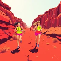Two women in neon yellow and pink running outfits jogging along a red desert canyon trail.